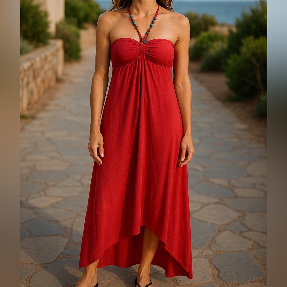 Derek Heart Red Pleated A-Line Maxi Dress with Jeweled Neckline